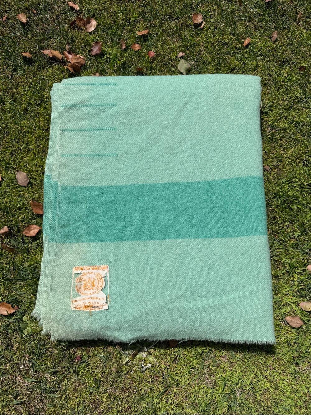 Vintage Hudson’s Bay Mint Green Teal 4-Point Camp Blanket 100% Wool England READ